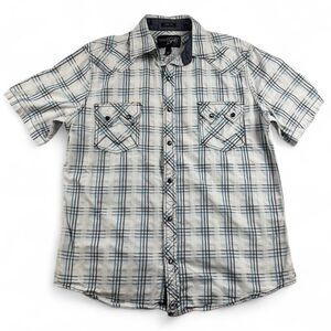 Moonshine Spirit Brad Paisley Plaid Shirt Men’s Small White Blue Button Up